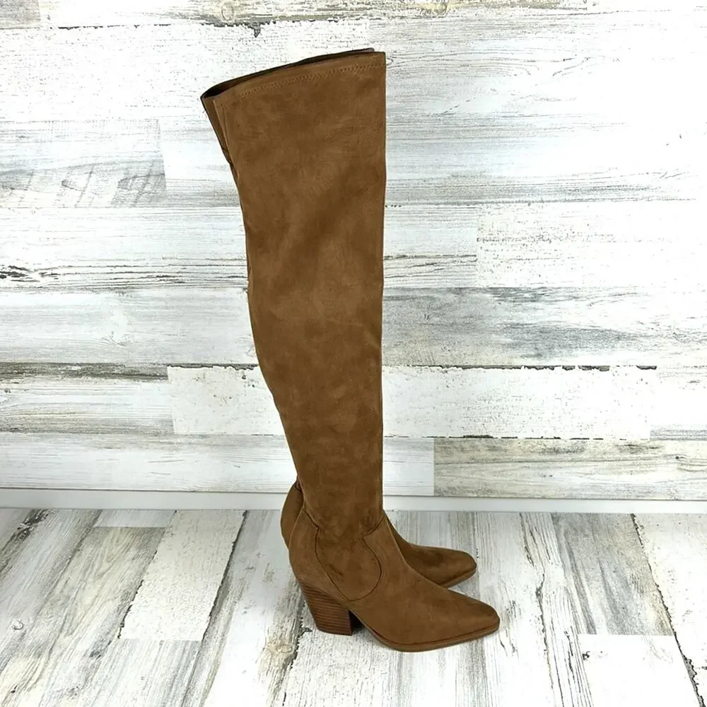 Marc Fisher Womens 5 Tan Garalyn Suede Over-the-Knee Boots Block Heel NEW